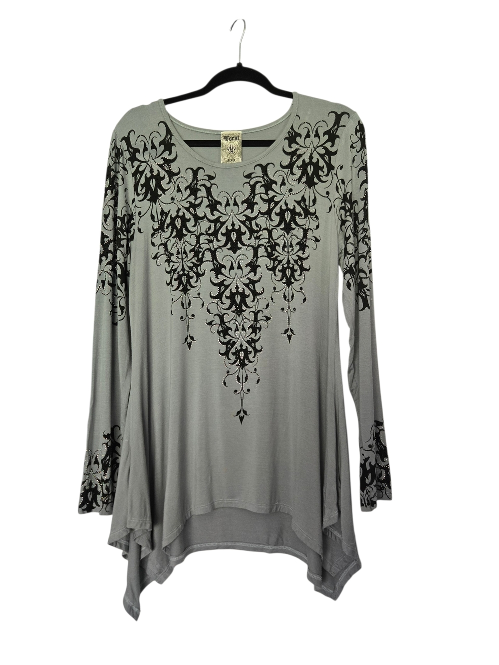 Vocal XL Gothy Asymmetrical Tunic Gray Black Damask Rhinestone Flowy Vintage